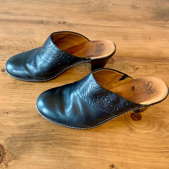 Sofft Clogs Mules Women's 10 Black Leather Slip-On Heel Embossed Casual - Picture 2 of 16